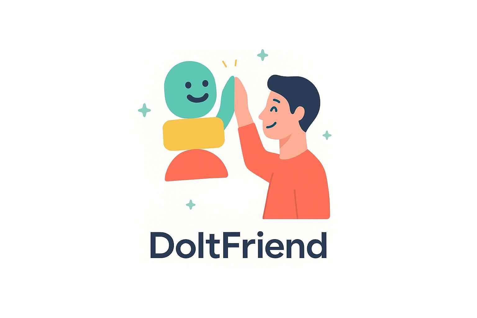 A friendly character celebrating with a robot, representing the start of a supportive journey with DoltFriend
